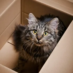 A fluffy brown cat with striking yellow eyes sits inside an open cardboard box on a wooden floor