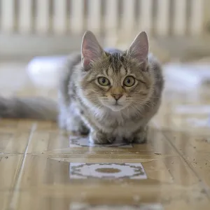 A focused tabby cat lying low on the patterned floor indoors A focused tabby cat lying low on the patterned floor indoors