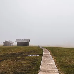 Fog on the Seiser Alm in the Dolomites in South Tyrol