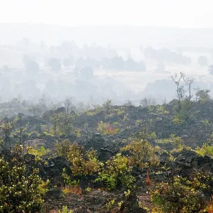 Foggy landscape of the valley, where the volcano was