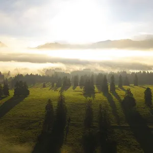 Foggy mountain landscape with long shadows on sunny meadow
