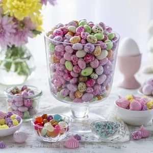 Food, Beautiful festive Easter table with colorful candy eggs Food, Beautiful festive Easter table with colorful candy eggs