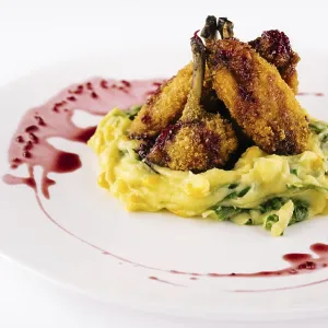 Food, Panierte Ente mit Kartoffelpueree auf Teller Food, Panierte Ente mit Kartoffelpueree auf Teller