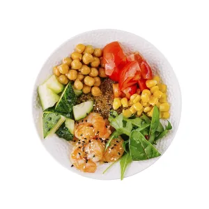 Food, Top view of a colorful and nutritious vegan buddha bowl isolated on a white background