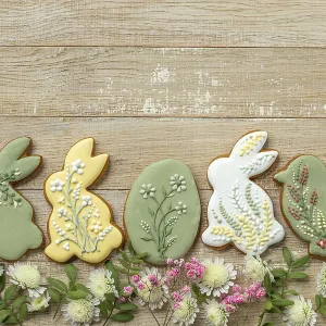 Food, Wooden background with easter icing cookies and flowers Food, Wooden background with easter icing cookies and flowers
