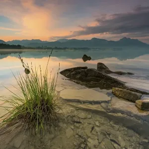 Forggensee with reflection of the cloudy sky and the Allgaeuer mountains in the background at sunrise