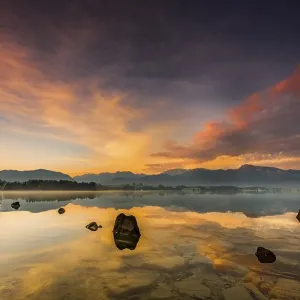 Forggensee with reflection of the cloudy sky and the Allgaeuer mountains in the background at sunrise