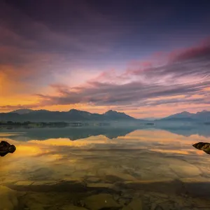 Forggensee with reflection of the cloudy sky and the Allgaeuer mountains in the background at sunrise