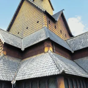 Fragment of the church roof. The Stave Church in Heddal is the largest surviving frame church