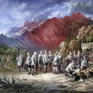 Franz Josef I (1830-1916), Emperor of Austria, King of Hungary. In a hunting party at Lake Ofen, Historical, digitally restored reproduction from a 19th century original, Record date not stated Franz Josef I (1830-1916), Emperor of Austria, King of Hungary. In a hunting party at Lake Ofen, Historical, digitally restored reproduction from a 19th century original, Record date not stated