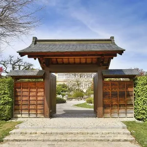 Freiburg, Germany, April 2022: Entrance gate of Japanese garden in public park called Seepark Freiburg, Germany, April 2022: Entrance gate of Japanese garden in public park called Seepark