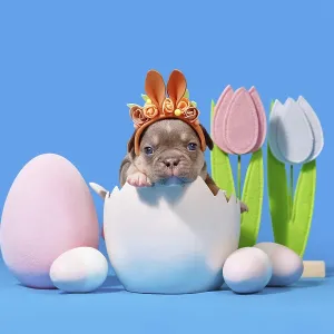 French Bulldog dog puppy with Easter bunny ears sitting in egg shell on blue background