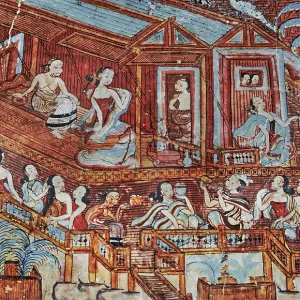 Fresco depicting Burmese ladies in a house Fresco depicting Burmese ladies in a house