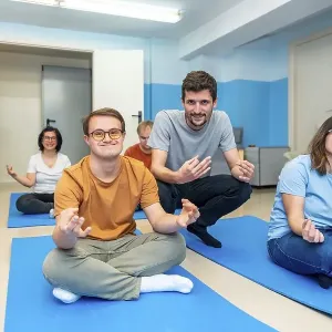 Friendly male yoga instructor directing a class with people with special needs and down syndrome Friendly male yoga instructor directing a class with people with special needs and down syndrome