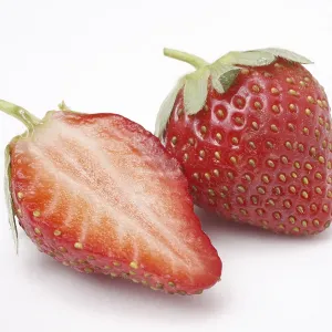 Fruit, Strawberry Fragaria Ananassa one full and half on white background