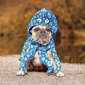 Funny Halloween dog costume. Cute French Bulldog wearing squid costume suit with eyes and tentacle arms