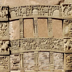 Gateway or torna of maha stupa no 1 with depiction of stories engrave decorations erected at Sanchi