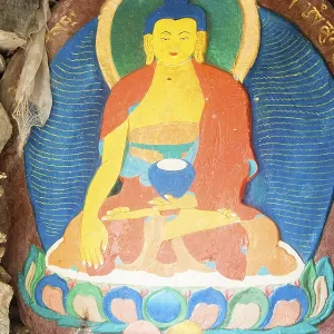 Gautam Buddha colourful painting on stone in Norbulinka monastery