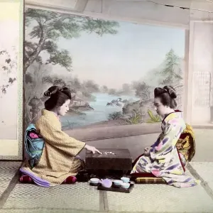 Two geishas, playing, ​​Japan
