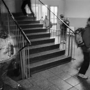Germany, Cottbus, 23.10.1992, children in the stairwell Germany, Cottbus, 23.10.1992, children in the stairwell