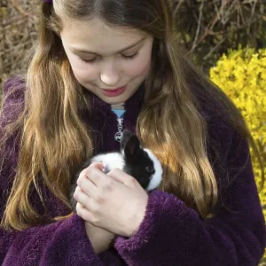 Fille, 10 ans, avec un lapin de compagnie. Fille, 10 ans, avec un lapin de compagnie.
