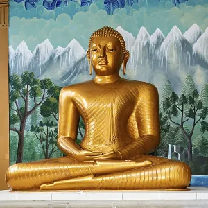 Golden Buddha statue in front of a painted wall with landscape motif Golden Buddha statue in front of a painted wall with landscape motif