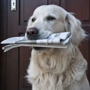 Golden retriever with a newspaper in front of a wooden door looking forward