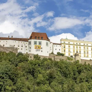 Gothic castle Veste Oberhaus on Georgsberg with blue sky in the background Gothic castle Veste Oberhaus on Georgsberg with blue sky in the background