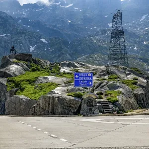 Gotthard pass summit with fork to the left Milan Bellinzona right Lucerne Zurich Gotthard pass summit with fork to the left Milan Bellinzona right Lucerne Zurich