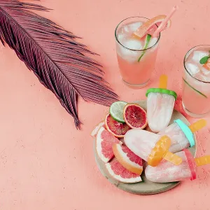 Grapefruits slices juice popsicles with leaf coral textured background Grapefruits slices juice popsicles with leaf coral textured background