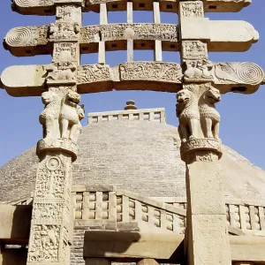 Great stupa no 1 oldest stone structure of Buddhist architectural forms South gateway view at Sanchi Great stupa no 1 oldest stone structure of Buddhist architectural forms South gateway view at Sanchi