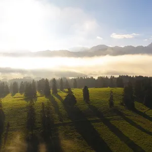 Green meadow in morning light, surrounded by fog and mountain skyline