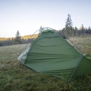 Green tent on a forest meadow in the morning light
