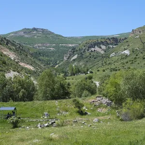 Green valley with trees and surrounding mountains Green valley with trees and surrounding mountains