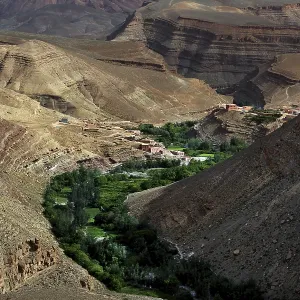 Green vegetation in the Dades Canyon valley surrounded by massive rock walls