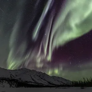 Green, yellow and purple northern lights (aurora borealis) over snowy mountains Green, yellow and purple northern lights (aurora borealis) over snowy mountains