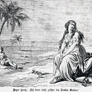 Hagar cannot bear the suffering of her thirsty son Ishmael in the desert Hagar cannot bear the suffering of her thirsty son Ishmael in the desert