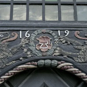 Half-timbered house, carvings, wooden beams Half-timbered house, carvings, wooden beams
