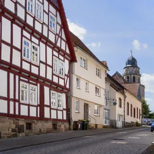 Half-Timbered House Facade, Evangelische Stadtkirche Print
