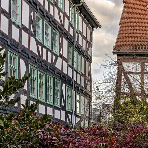 Half-timbered houses with green shutters and autumn vegetation Half-timbered houses with green shutters and autumn vegetation