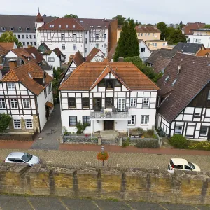 Half-timbered houses in an urban setting reflecting traditional European architecture