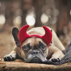 Halloween French Bulldog dog wearing red devil horn costume headband