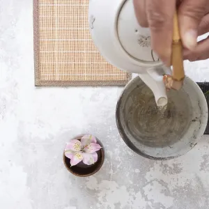 Hands gracefully pouring tea from a white teapot into a ceramic bowl Hands gracefully pouring tea from a white teapot into a ceramic bowl
