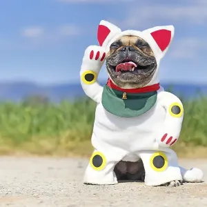 Happy smiling French Bulldog dog dressed up with traditional Japanese so called Maneki Neko winking lucky cat Halloween