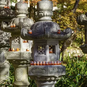 Harmonious atmosphere in Zen garden with stone lanterns and Daruma in autumn colors