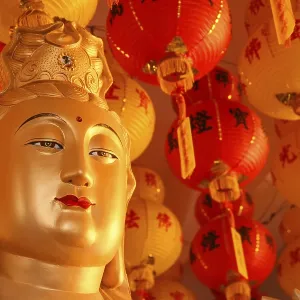 Head of golden Budda in Kek Lok Si temple in Malaysia