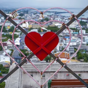 Heart at Tangkuan temple with Songkhla skyline in the background Heart at Tangkuan temple with Songkhla skyline in the background