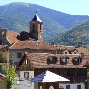Hecho Valley Pyrenees village roof and mountains Aragon Huesca Spain