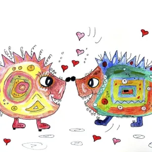 Two hedgehogs in love, naive painting Two hedgehogs in love, naive painting