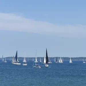Helsingor, Denmark - 17 June 2021: panorama view of many sailboats sailing on a calm blue ocean